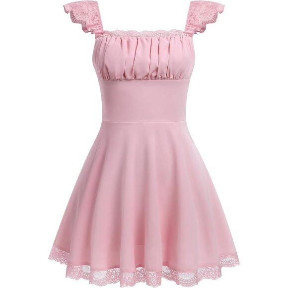 Dresses & Skirts - Women's Lace Mini Dress Flowy A-Line Square Neck Ruffle Summer Casual